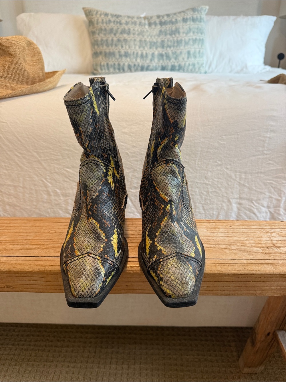 REIKE NEN Women’s Snake-Print Ankle Boots in Yellow and Black